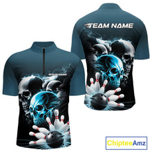 Load image into Gallery viewer, Custom Teal Blue Smoke Skull Bowling Quarter-Zip Shirts For Men, Ghostly Halloween Bowling Outfit IPHW9519