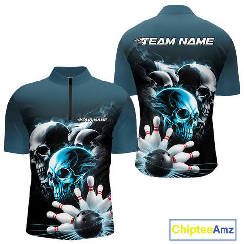Custom Teal Blue Smoke Skull Bowling Quarter-Zip Shirts For Men, Ghostly Halloween Bowling Outfit IPHW9519