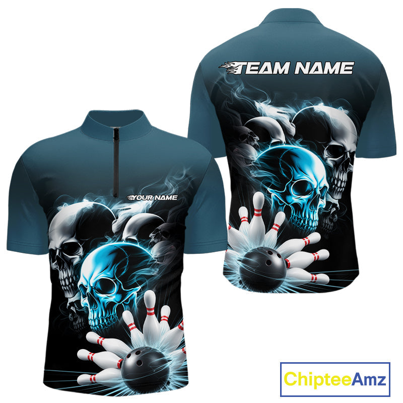 Custom Teal Blue Smoke Skull Bowling Quarter-Zip Shirts For Men, Ghostly Halloween Bowling Outfit IPHW9519