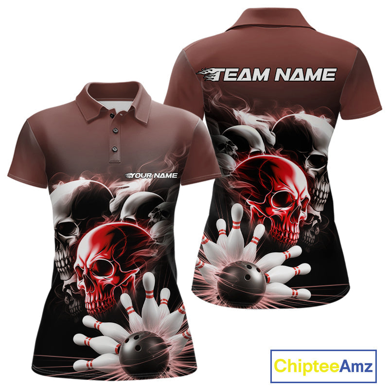 Custom Red Smoke Skull Bowling Polo Shirts For Women, Ghostly Halloween Bowling Outfit IPHW9520