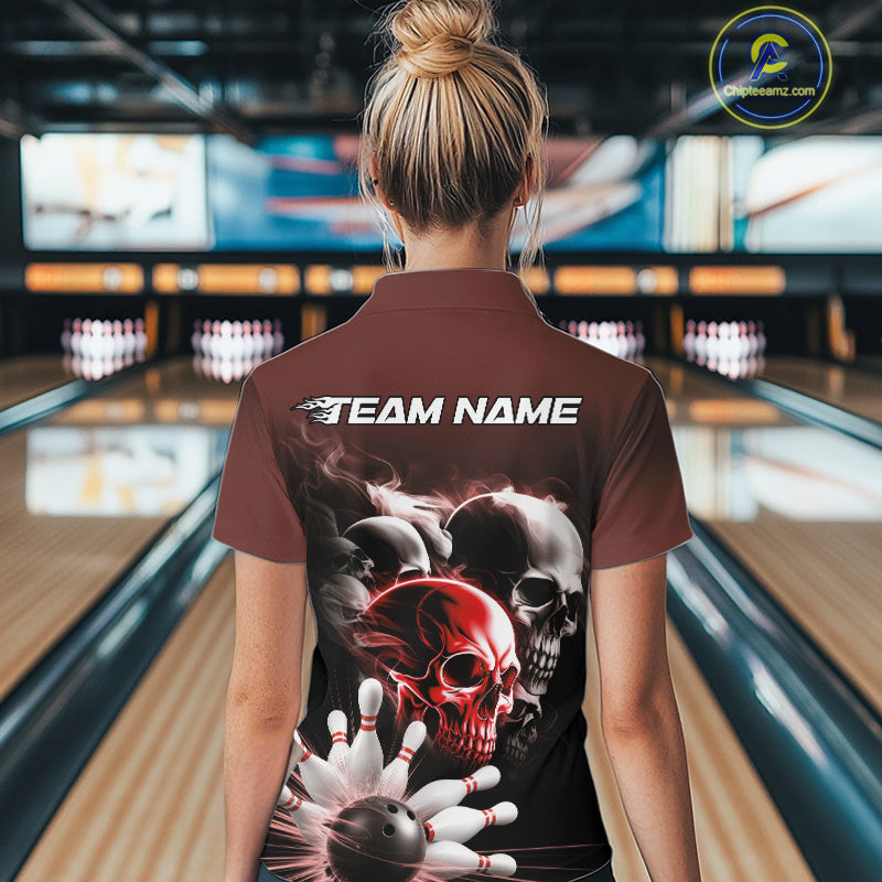 Custom Red Smoke Skull Bowling Women Quarter-Zip Shirt, Ghostly Halloween Bowling Outfit IPHW9520