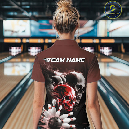 Custom Red Smoke Skull Bowling Women Quarter-Zip Shirt, Ghostly Halloween Bowling Outfit IPHW9520