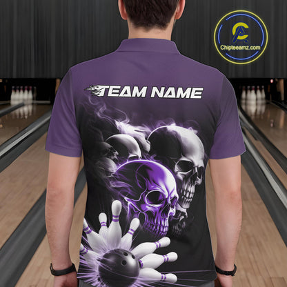Custom Purple Smoke Skull Bowling Polo Shirts For Men, Ghostly Halloween Bowling Outfit IPHW9521