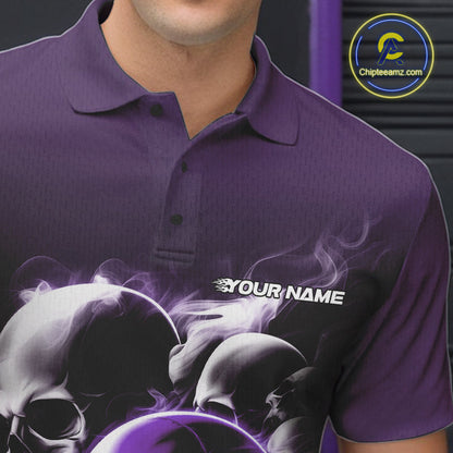 Custom Purple Smoke Skull Bowling Polo Shirts For Men, Ghostly Halloween Bowling Outfit IPHW9521