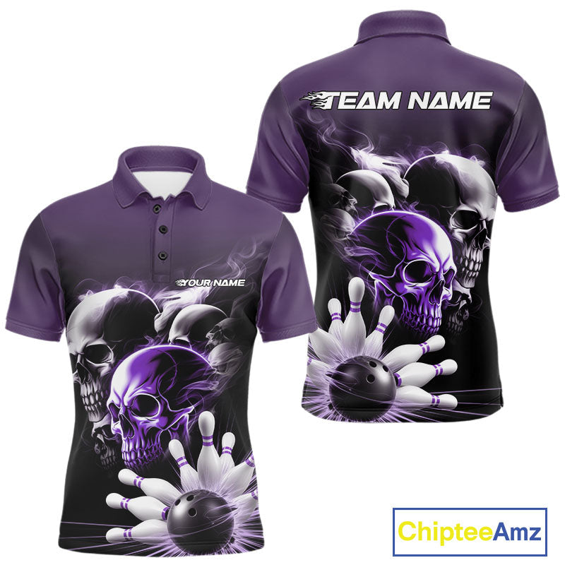 Custom Purple Smoke Skull Bowling Polo Shirts For Men, Ghostly Halloween Bowling Outfit IPHW9521