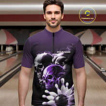 Load image into Gallery viewer, Custom Purple Smoke Skull Bowling Quarter-Zip Shirts For Men, Ghostly Halloween Bowling Outfit IPHW9521