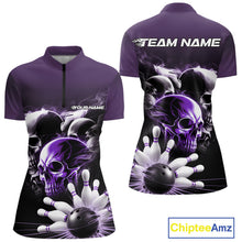 Load image into Gallery viewer, Custom Purple Smoke Skull Bowling Women Quarter-Zip Shirt, Ghostly Halloween Outfit IPHW9521