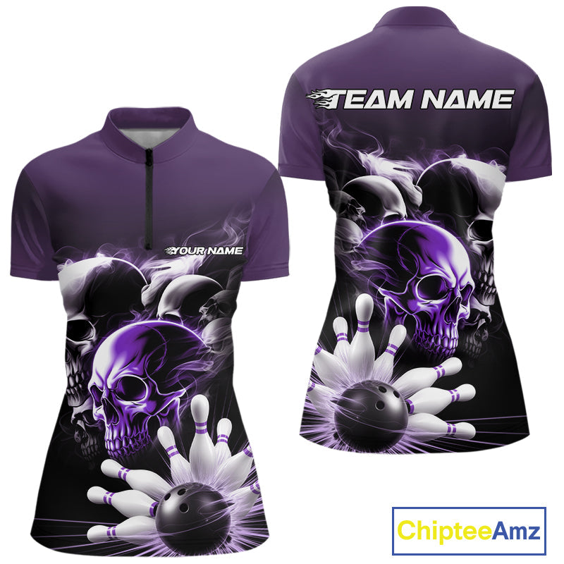Custom Purple Smoke Skull Bowling Women Quarter-Zip Shirt, Ghostly Halloween Outfit IPHW9521