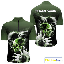 Load image into Gallery viewer, Custom Green Smoke Skull Bowling Quarter-Zip Shirts For Men, Ghostly Halloween Bowling Outfit IPHW9522