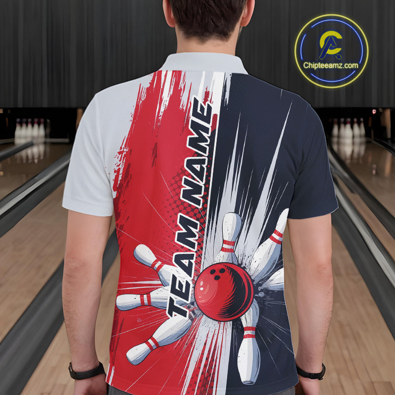 Custom Red, White And Blue Bowling Team Polo Shirts For Men, Bowling Jerseys IPHW9546