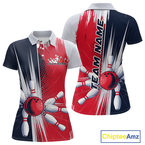 Custom Red, White And Blue Bowling Team Polo Shirts For Women, Bowling Jerseys IPHW9546