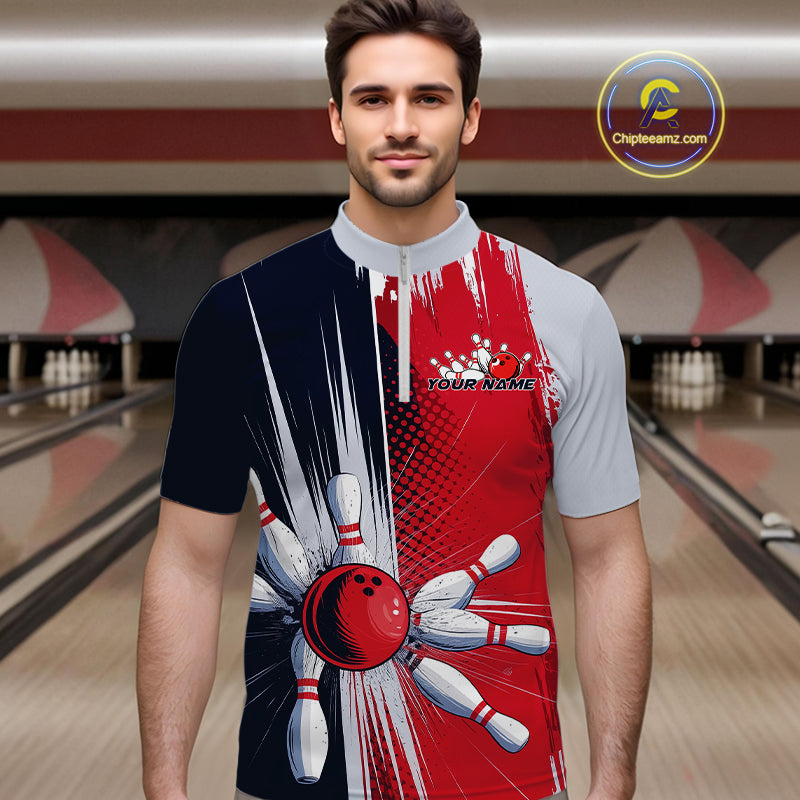 Custom Red, White And Blue Bowling Team Quarter-Zip Shirts For Men, Bowling Jerseys IPHW9546