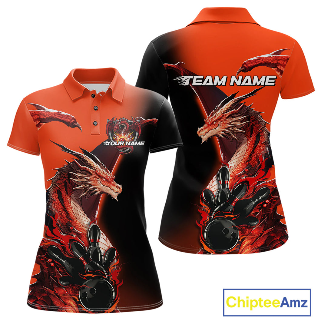 Custom Red Orange Dragon Flame Bowling Polo Shirts For Women, Bowling Tournament Shirt IPHW9330