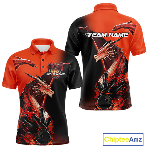 Custom Red Orange Dragon Flame Bowling Polo Shirts For Men, Bowling Tournament Shirt IPHW9330