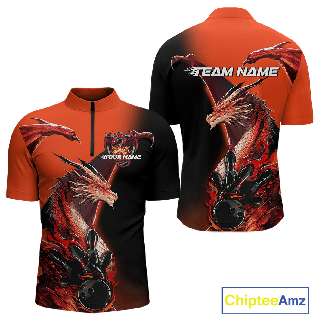 Custom Red Orange Dragon Flame Bowling Quarter-Zip Shirts For Men, Bowling Tournament Shirt IPHW9330