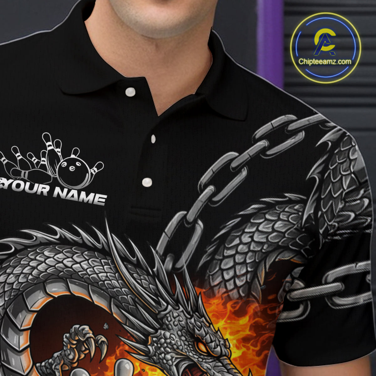 Custom Metal Chain Flame Dragon Bowling Polo Shirts For Men, Bowlin Team Shirt IPHW9097