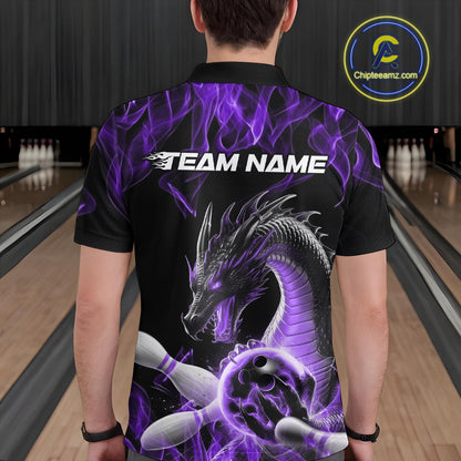 Custom Black And Purple Fire Flame Dragon Bowling Polo Shirt For Men, Dragon Bowling Jersey IPHW9823