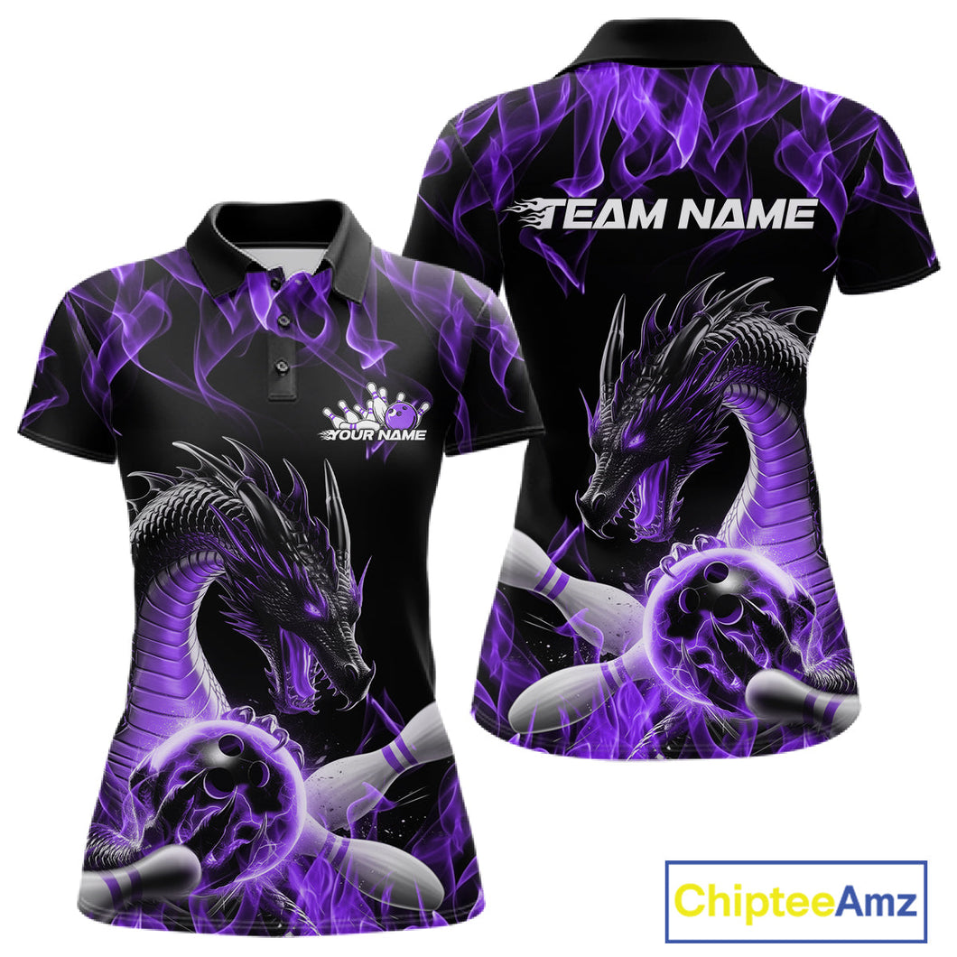 Custom Black And Purple Fire Flame Dragon Bowling Women Polo Shirt, Dragon Bowling Jersey IPHW9823