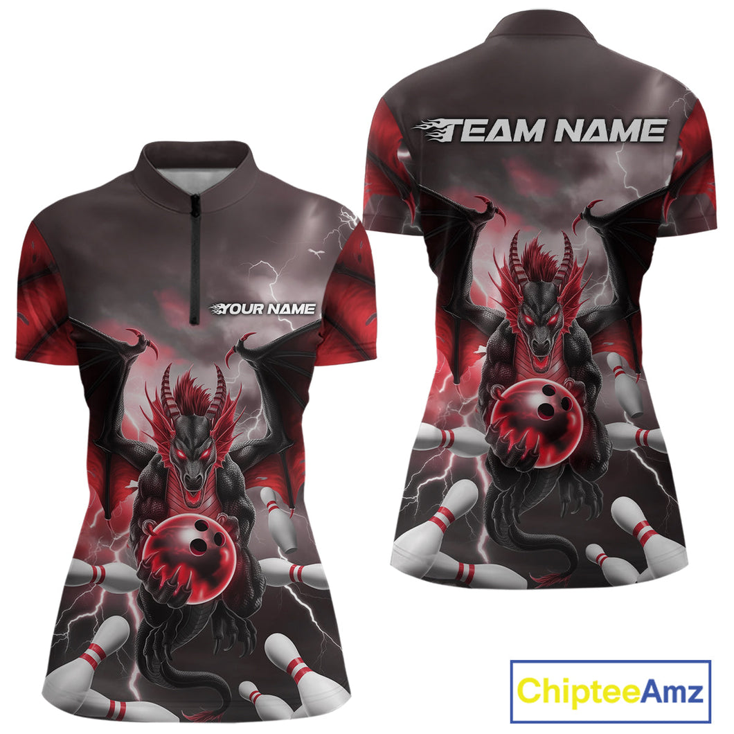 Custom Red Thunder Lightning Dragon Bowling Women Quarter-Zip Shirts, Team Uniform IPHW9103