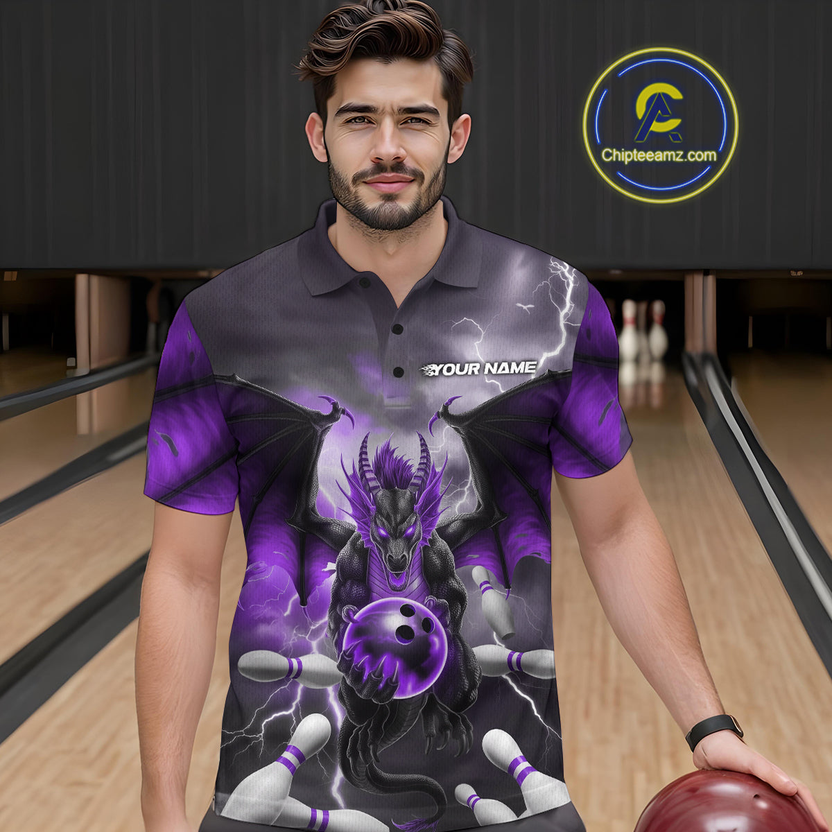 Custom Purple Thunder Lightning Dragon Bowling Polo Shirts For Men, Team Uniform IPHW9104