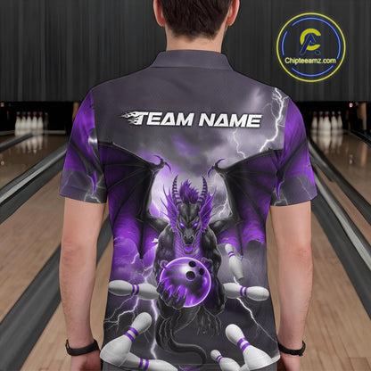 Custom Purple Thunder Lightning Dragon Bowling Polo Shirts For Men, Team Uniform IPHW9104