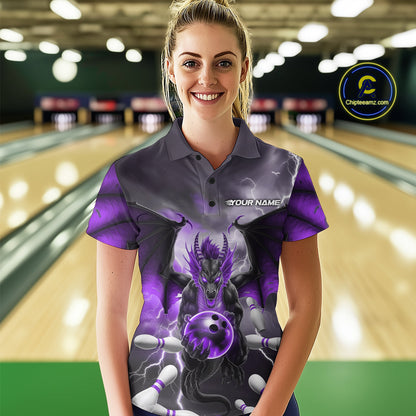 Custom Purple Thunder Lightning Dragon Bowling Polo Shirts For Women, Team Uniform IPHW9104