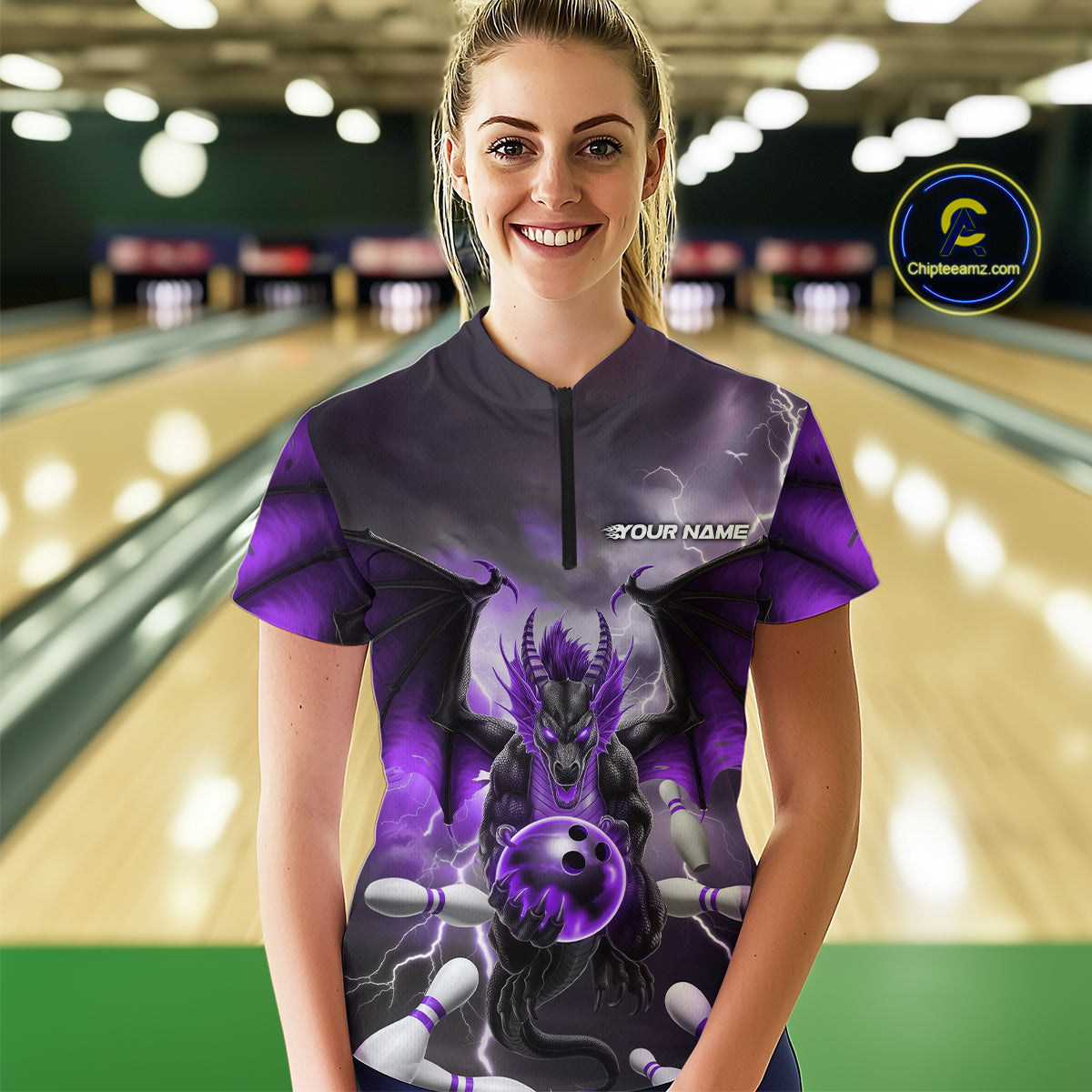 Custom Purple Thunder Lightning Dragon Bowling Women Quarter-Zip Shirts, Team Uniform IPHW9104