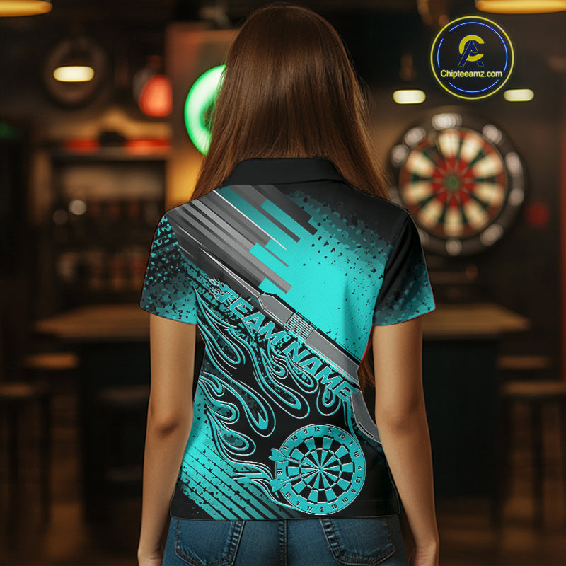Custom Black And Turquoise Blue Flame Dartboard Dart Polo Shirts For Women, Dart Uniform IPHW9685
