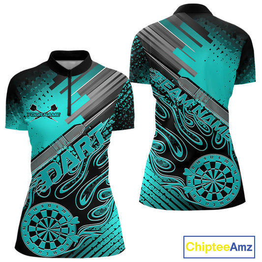 Custom Black And Turquoise Blue Flame Dartboard Women Quarter-Zip Shirt, Dart Uniform IPHW9685