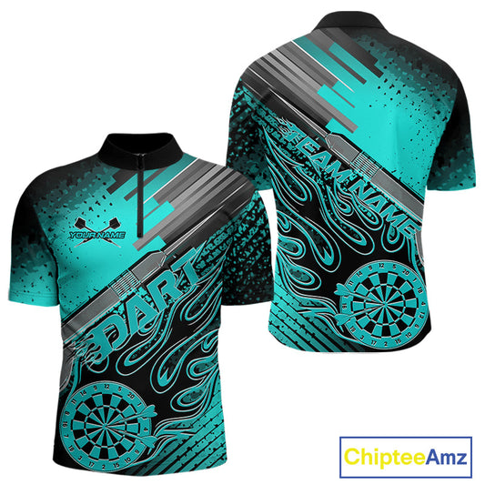 Custom Black And Turquoise Blue Flame Dartboard Dart Quarter-Zip Shirts For Men, Dart Uniform IPHW9685