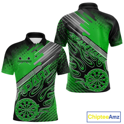 Custom Black And Irish Green Flame Dartboard Dart Polo Shirts For Men, Dart Uniform IPHW9686