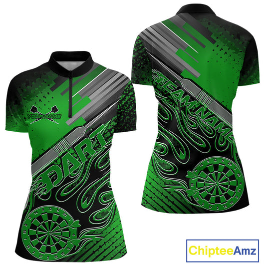 Custom Black And Irish Green Flame Dartboard Dart Women Quarter-Zip Shirts, Dart Uniform IPHW9686