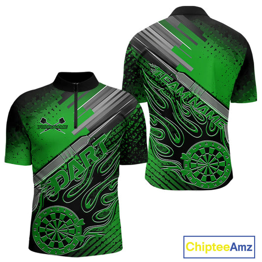 Custom Black And Irish Green Flame Dartboard Dart Quarter-Zip Shirts For Men, Dart Uniform IPHW9686