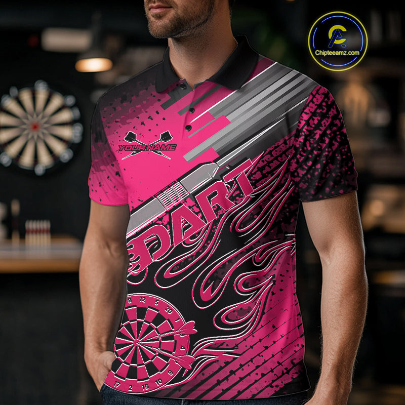 Custom Black And Pink Flame Dartboard Dart Polo Shirts For Men, Dart Uniform IPHW9687