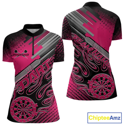Custom Black And Pink Flame Dartboard Dart Quarter-Zip Shirts For Women, Dart Uniform IPHW9687