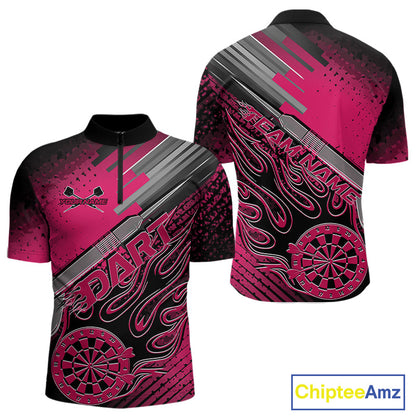 Custom Black And Pink Flame Dartboard Dart Quarter-Zip Shirts For Men, Dart Uniform IPHW9687