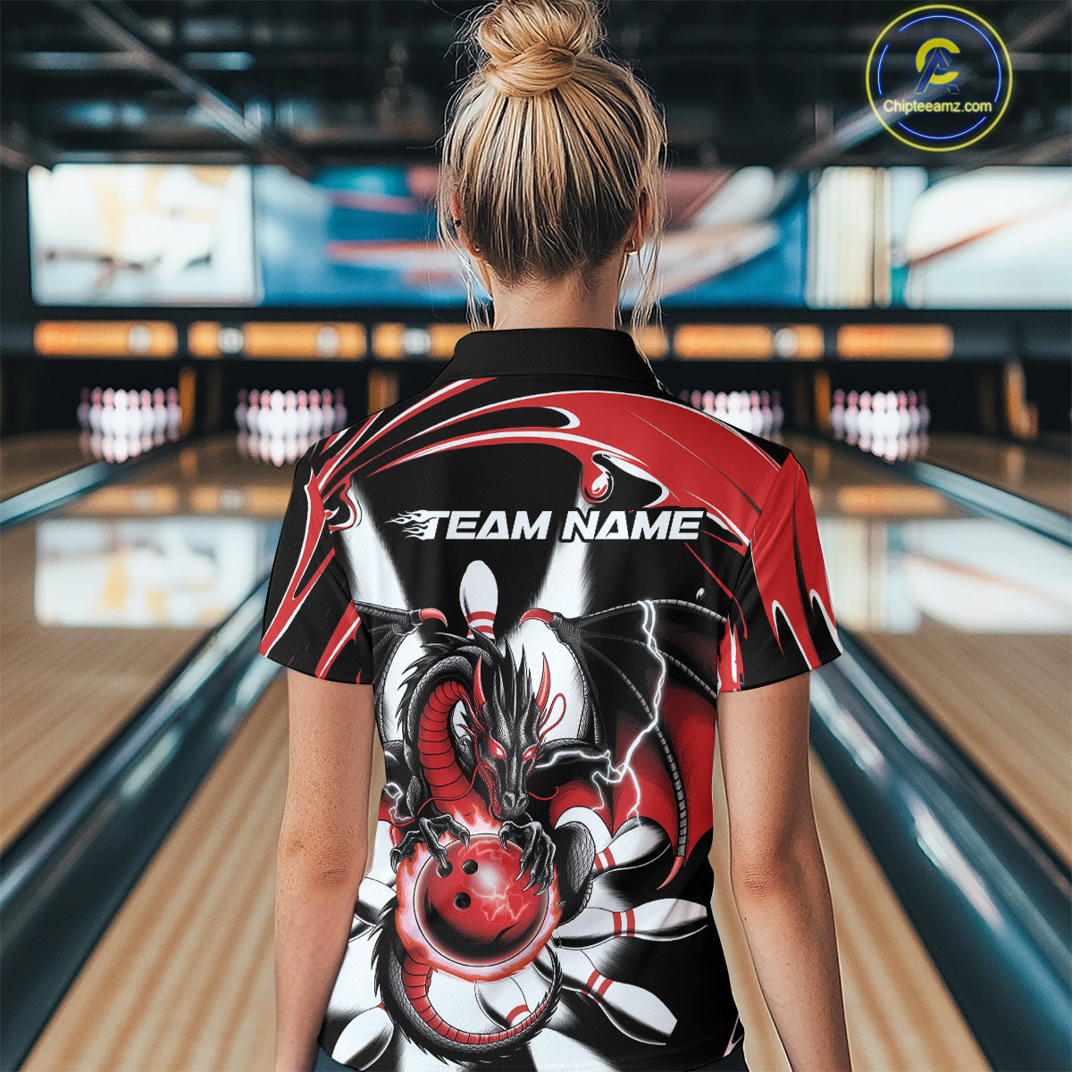 Custom Black And Red Dragon Bowling Women Polo Shirts, Dragon Bowling Team Jerseys IPHW9108