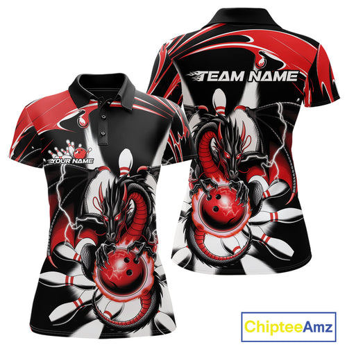 Custom Black And Red Dragon Bowling Women Polo Shirts, Dragon Bowling Team Jerseys IPHW9108