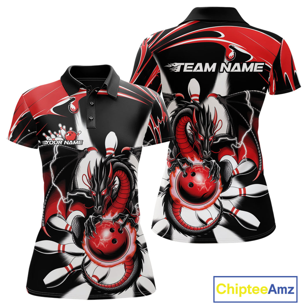 Custom Black And Red Dragon Bowling Women Polo Shirts, Dragon Bowling Team Jerseys IPHW9108