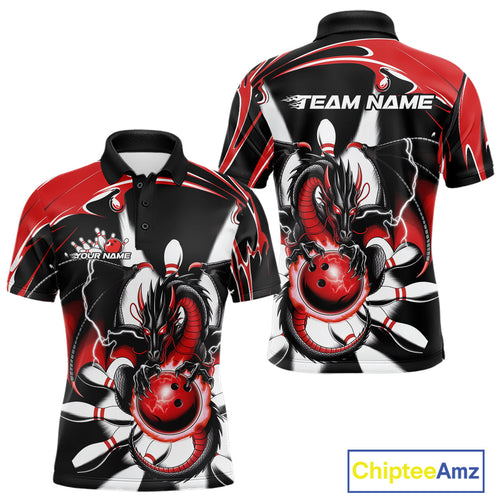 Custom Black And Red Dragon Bowling Men Polo Shirts, Dragon Bowling Team Jerseys IPHW9108