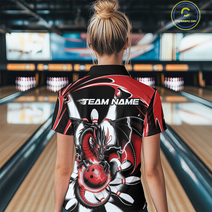 Custom Black And Red Dragon Bowling Women Quarter-Zip Shirts, Dragon Bowling Team Jerseys IPHW9108