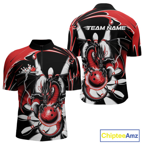 Custom Black And Red Dragon Bowling Men Quarter-Zip Shirts, Dragon Bowling Team Jerseys IPHW9108