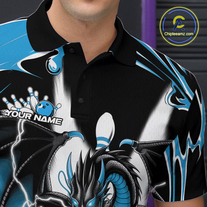 Custom Black And Blue Dragon Bowling Men Polo Shirts, Dragon Bowling Team Jerseys IPHW9109