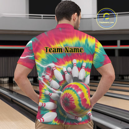 Custom Colorful Tie Dye Bowling Quarter-Zip Shirts For Men, Rainbow Bowling Outfit IPHW9116