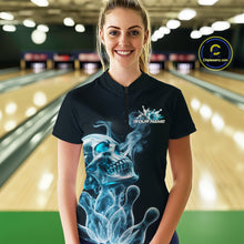 Load image into Gallery viewer, Custom Blue Flame Smoke Skull Bowling Women Quarter-Zip Shirt, Halloween Bowling Outfit IPHW9494