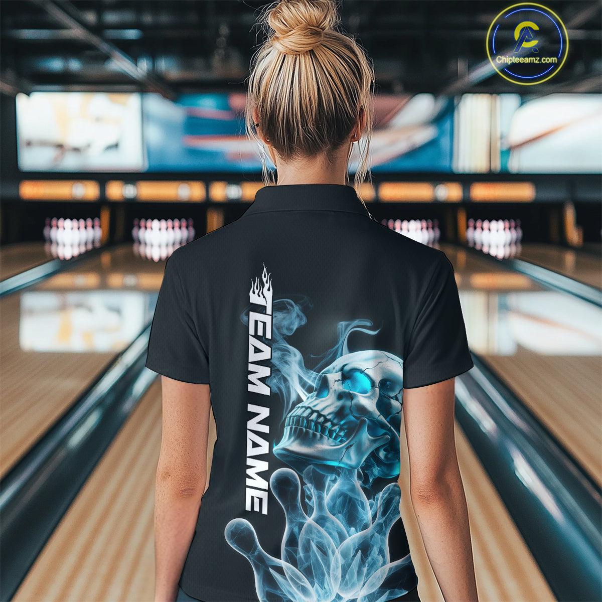 Custom Blue Flame Smoke Skull Bowling Women Quarter-Zip Shirt, Halloween Bowling Outfit IPHW9494
