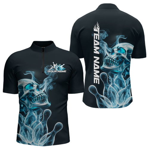 Custom Blue Flame Smoke Skull Bowling Quarter-Zip Shirts For Men, Halloween Bowling Outfit IPHW9494
