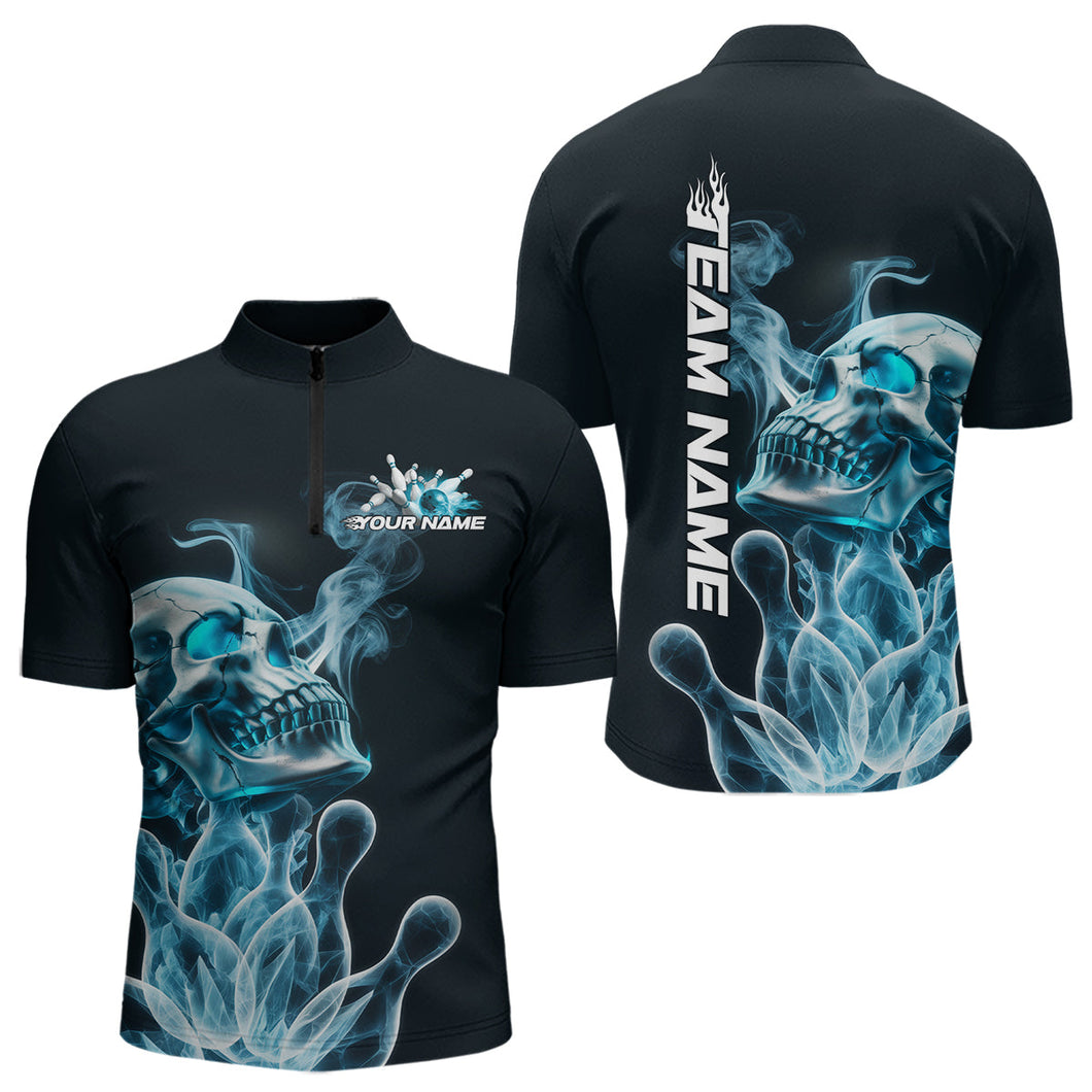 Custom Blue Flame Smoke Skull Bowling Quarter-Zip Shirts For Men, Halloween Bowling Outfit IPHW9494