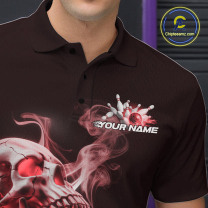 Custom Red Flame Smoke Skull Bowling Polo Shirts For Men, Halloween Bowling Outfit IPHW9495