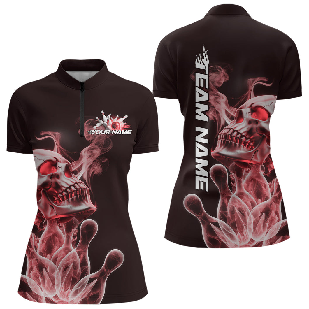 Custom Red Flame Smoke Skull Bowling Women Quarter-Zip Shirt, Halloween Bowling Outfit IPHW9495